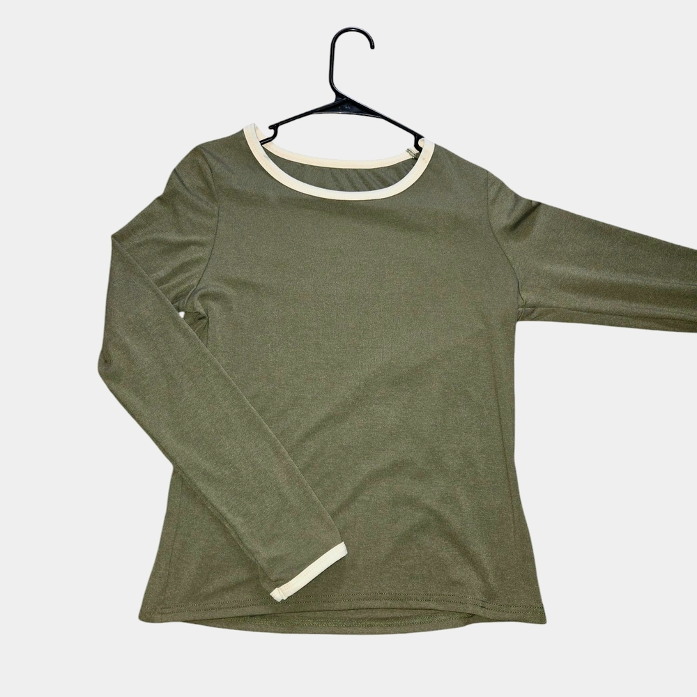 Olive Green Long Sleeve Top with Cream Trim